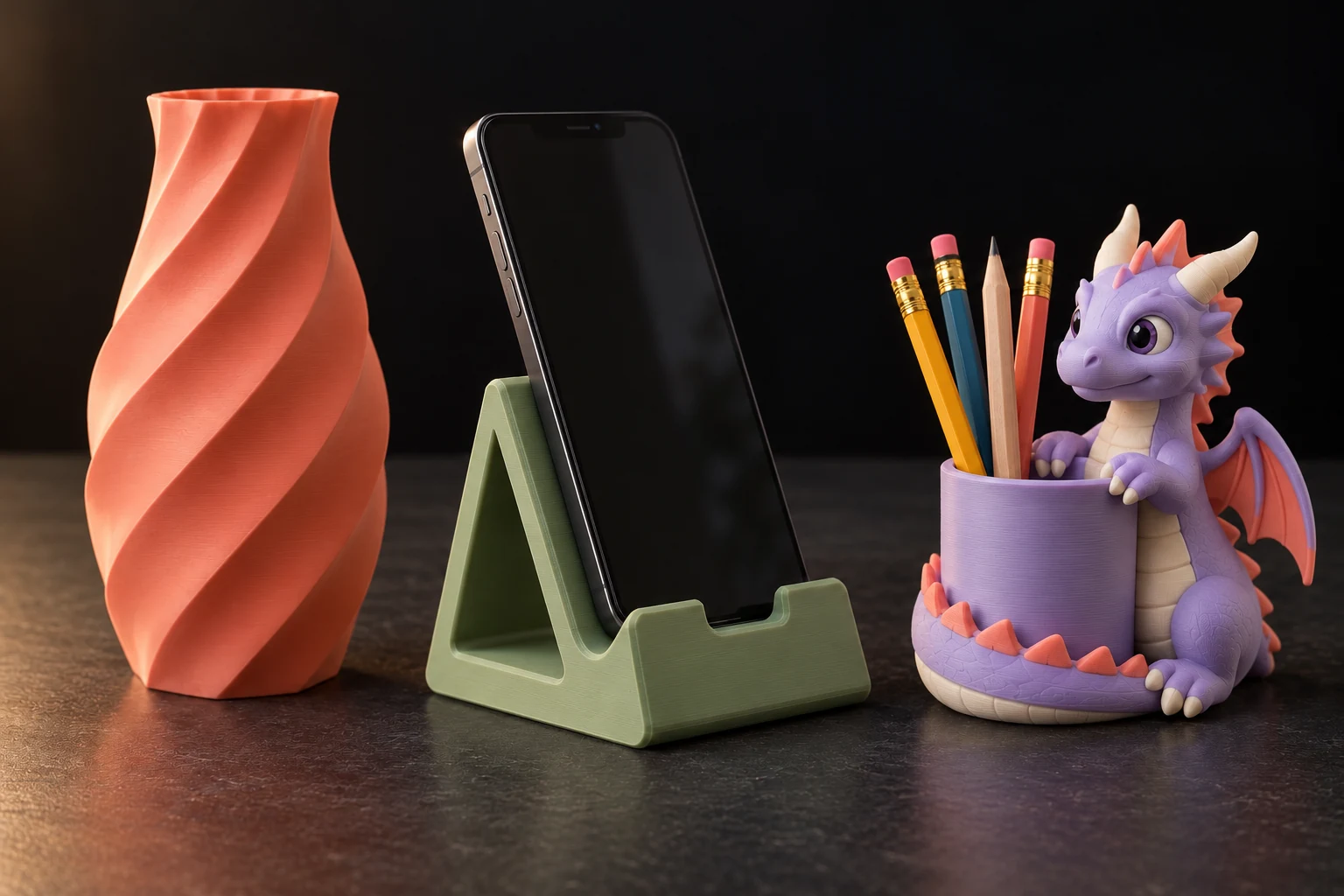 Un vaso corallo a spirale, un supporto per telefono salvia e un draghetto portapenne multicolore: esempi di oggetti personalizzati realizzabili in stampa 3D.