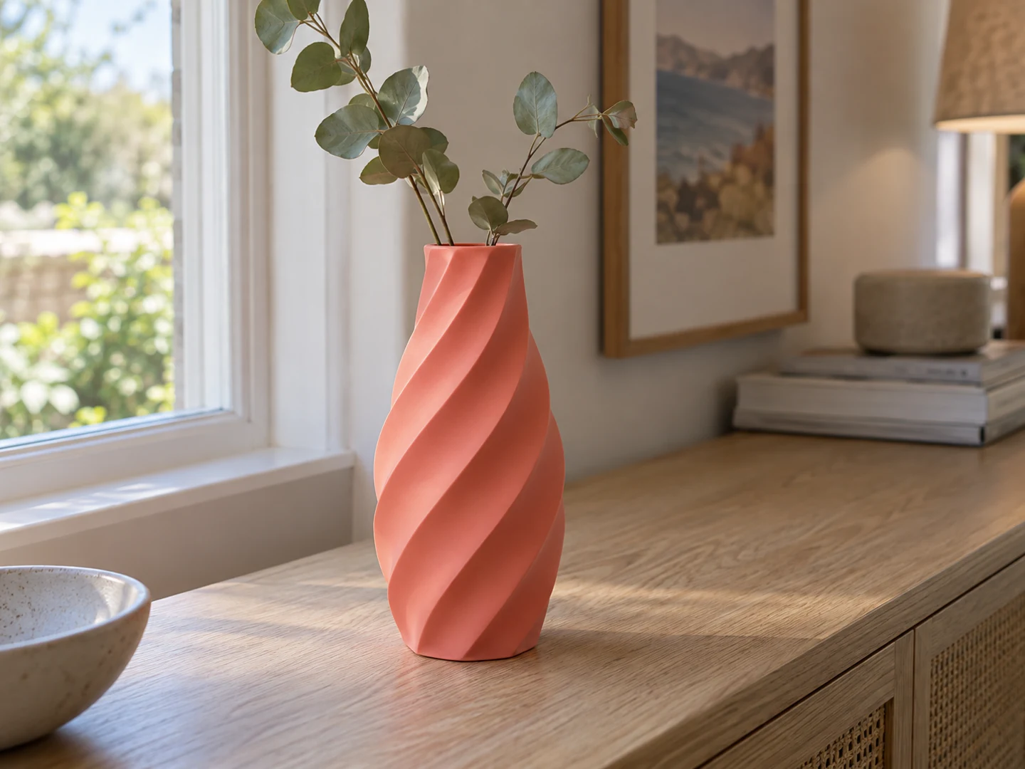 Vaso corallo con scanalature elicoidali e sottili layer di stampa